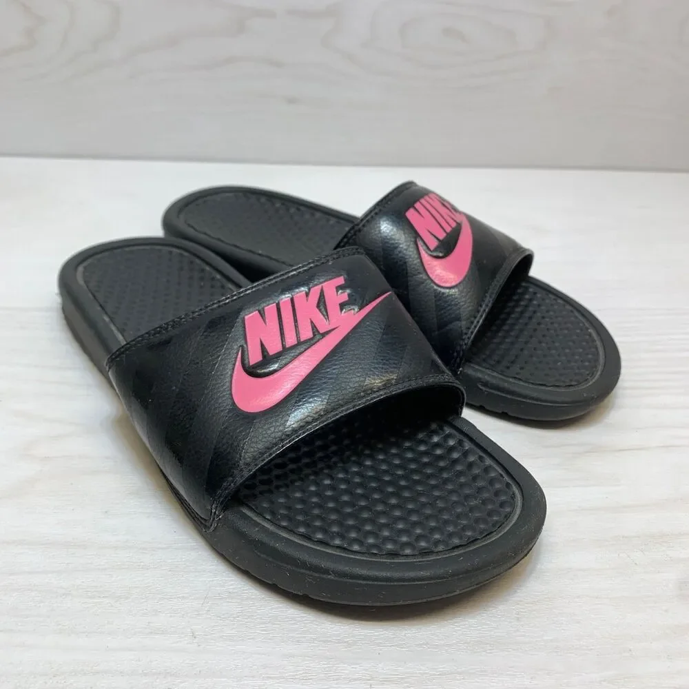 Nike Women's Benassi JDI Slides Black Pink Sandals Size 9‎ Sports Gym Travel